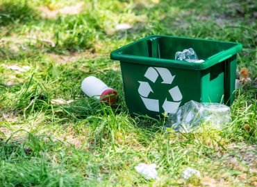 recycling box and plastic trash on green grass